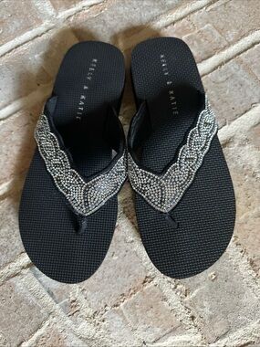 New Kelly & Katie Black Rhinestone-Accented V-Top Flip Flops